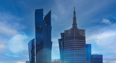 Doha Qatar - February 2024. Business district buildings skyline. Modern glass skyscrapers background