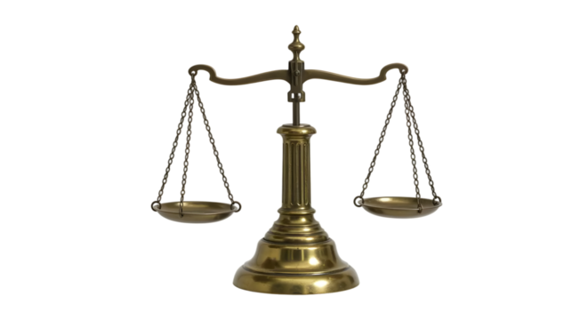 Brass balance scales symbolizing justice and fairness, representing law and order in a courtroom or legal setting, isolated on a white background