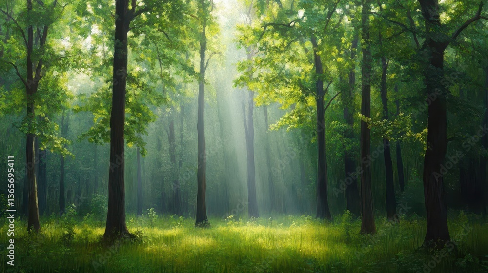 Aufkleber radiant sunlight filtering through lush green canopy of forest trees creating a tranquil and invigor
