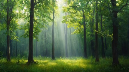 Obraz premium Radiant Sunlight Filtering Through Lush Green Canopy of Forest Trees Creating a Tranquil and Invigorating Natural Atmosphere in Nature's Embrace