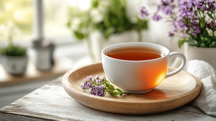 A cup of tea in a white ceramic mug on a wooden plate