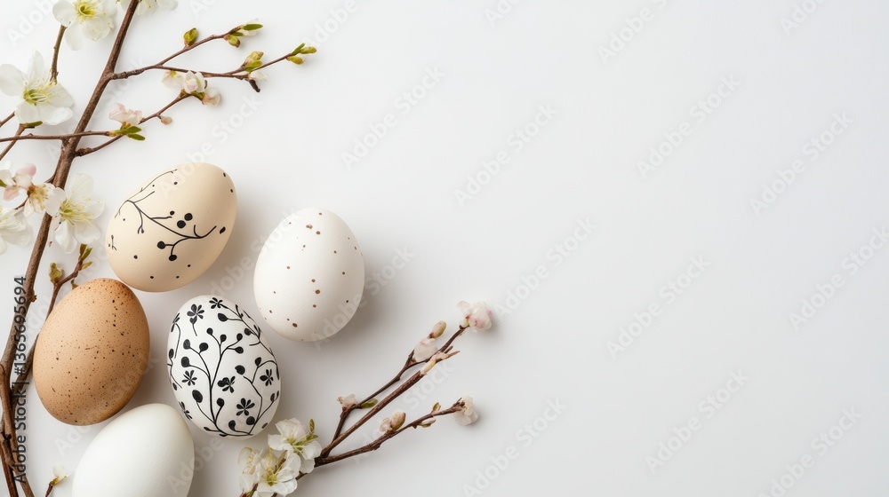Aufkleber decorative easter eggs arranged with blooming branches on a minimalistic background creating a festi