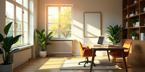 Fototapeta premium Sun-drenched coworking area, modern ergonomic setup , bright office, clean office, sunlight
