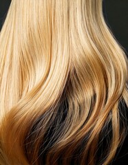 Naklejka premium A close-up of blonde hair with highlights, showcasing shiny, voluminous strands in soft waves, with a natural, healthy glow.