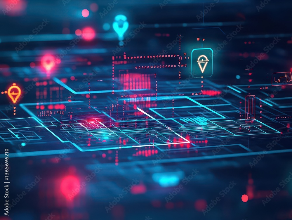 Poster futuristic circuit design featuring a heart symbol representing technology and emotion merging in a 