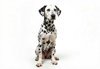 Dalmatian dog sitting alertly with an attentive expression, showcasing its distinctive black spot on a white coat.