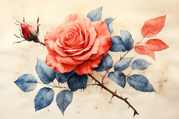 An exquisite watercolor illustration of a rose. The main flower is large, open, of a soft coral shade, with smooth transitions of light and shadow. 