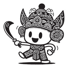Black and white artwork of a happy warrior in ornate attire, holding a traditional curved weapon.