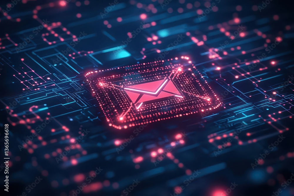 Poster bright red email envelope resting on a complex circuit board symbolizing digital communication and t
