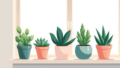 Fototapeta premium Colorful potted succulents on bright windowsill, nature's beauty