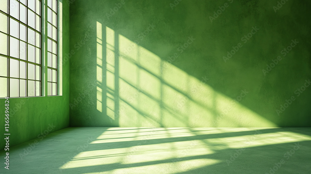 Poster abstract green studio backdrop for product display. vacant room with window shadows. present product