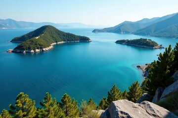 Obraz premium Irregular shaped lake with rocky shoreline and scattered islands, rough, wilderness, shadow