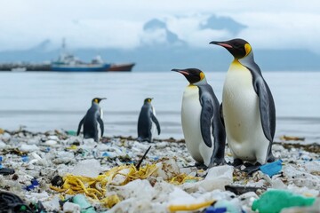 Fototapeta premium King penguins stand on a beach covered in plastic waste, highlighting the impact of pollution on their habitat, a poignant scene of wildlife affected by human actions.