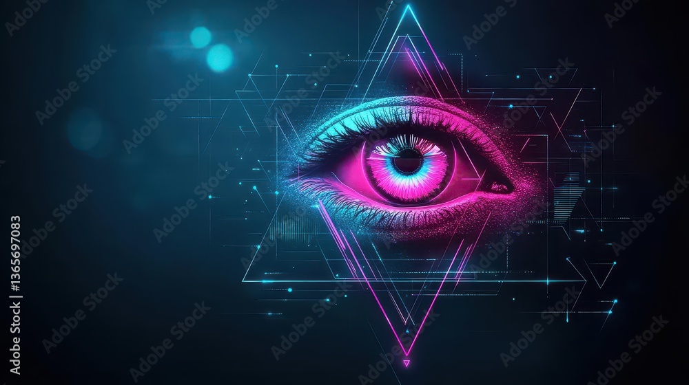 Poster intricate eye design featuring geometric triangles in a thoughtful composition conveying depth and c
