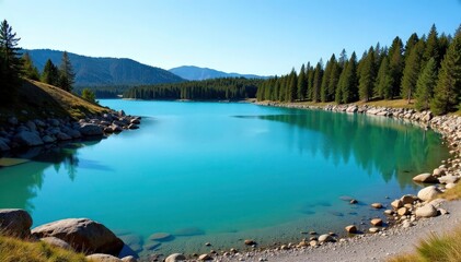 Irregular shaped lake with rocky shoreline and sparse trees, sparse, earth