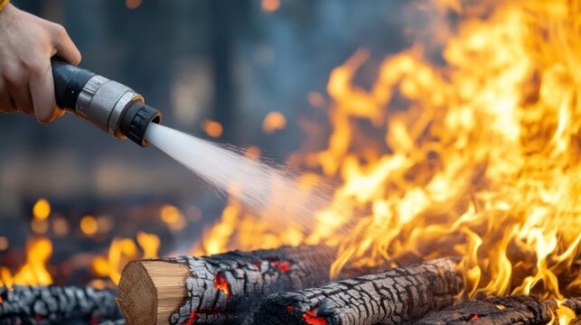 A hand aims a water hose at burning logs, extinguishing a bonfire with a powerful stream of water.