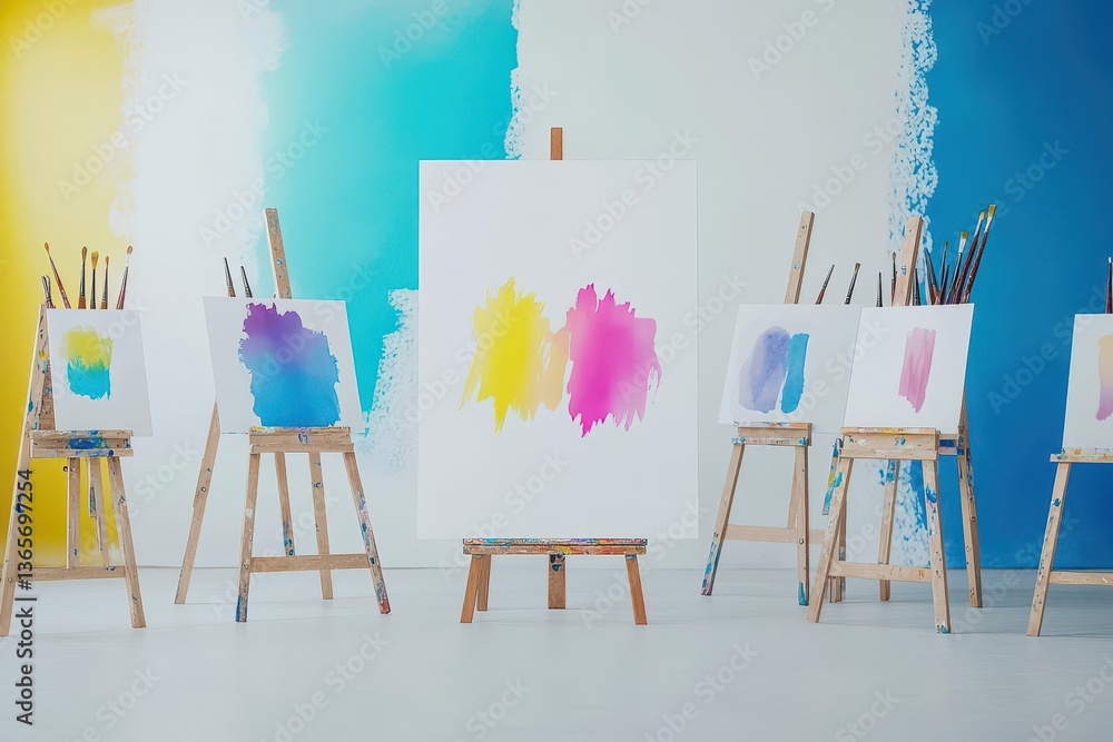 Poster a vibrant collection of paintbrushes resting on colorful easels surrounded by a creative studio atmo