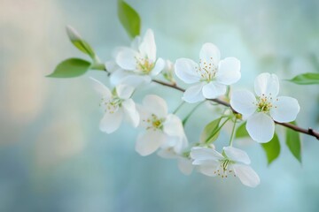 Obraz premium Delicate White Blossoms on Branch Against Soft Blue Background in Natural Spring Setting
