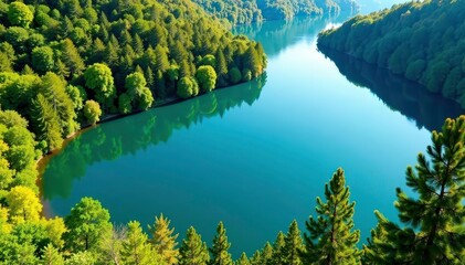 Irregular shaped lake with winding shoreline among trees, vegetation, irregular, nature