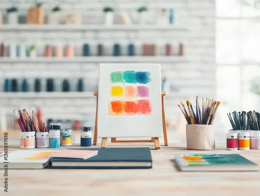 Poster artistic workspace featuring paints brushes and canvas on a table inviting creativity and inspiratio