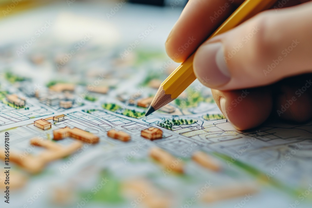 Poster hand sketching architectural plan with yellow pencil on tabled map layout for design project