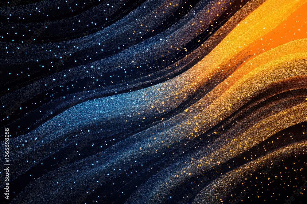 Poster abstract background with flowing lines and shimmering particles in dark blue and orange tones