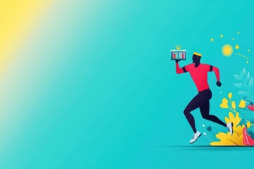 Naklejka premium Dynamic Scene of a Determined Man Running Outdoors with a Tablet in Hand Amidst a Lively Urban Environment Representing Modern Technology and Fitness