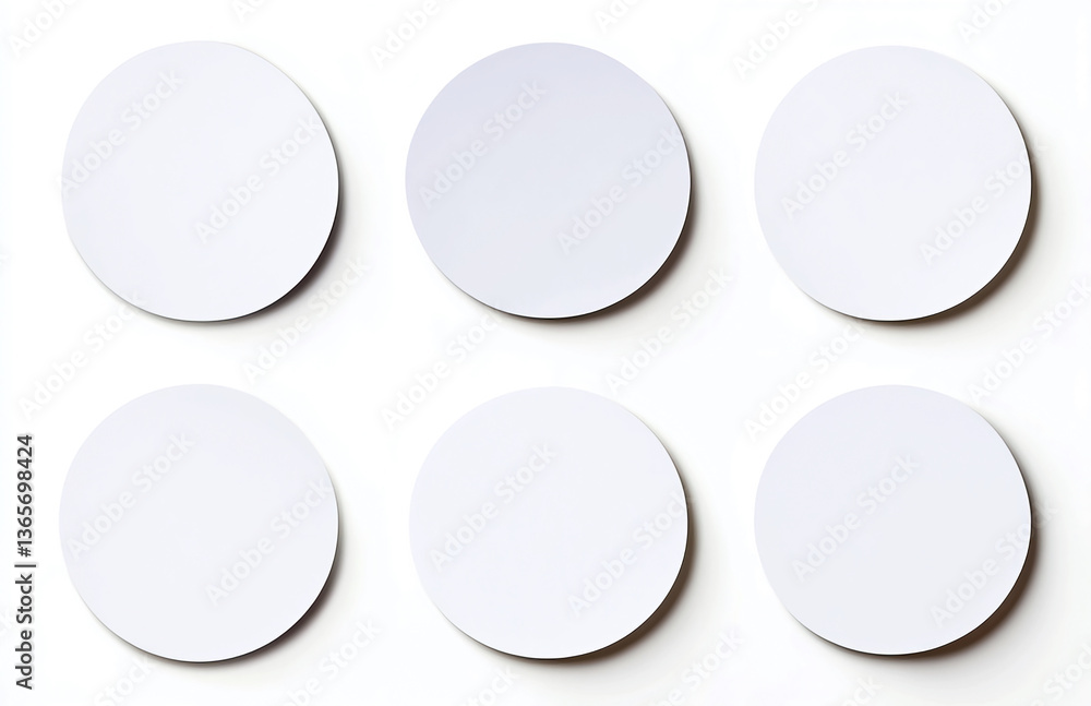 Poster a minimalist arrangement of six white circular shapes on a bright white background creating a patter