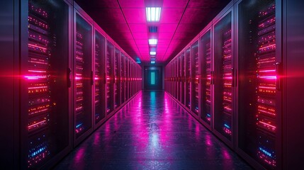 Fototapeta premium The Internet of Things and digitalization of internet traffic are conceptualized through detailed data flow visualization in a dark room filled with server racks at a data technology center,