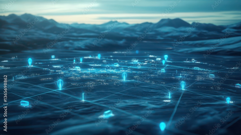 Poster intricate network of connected lines and dots forming an abstract digital landscape representing tec