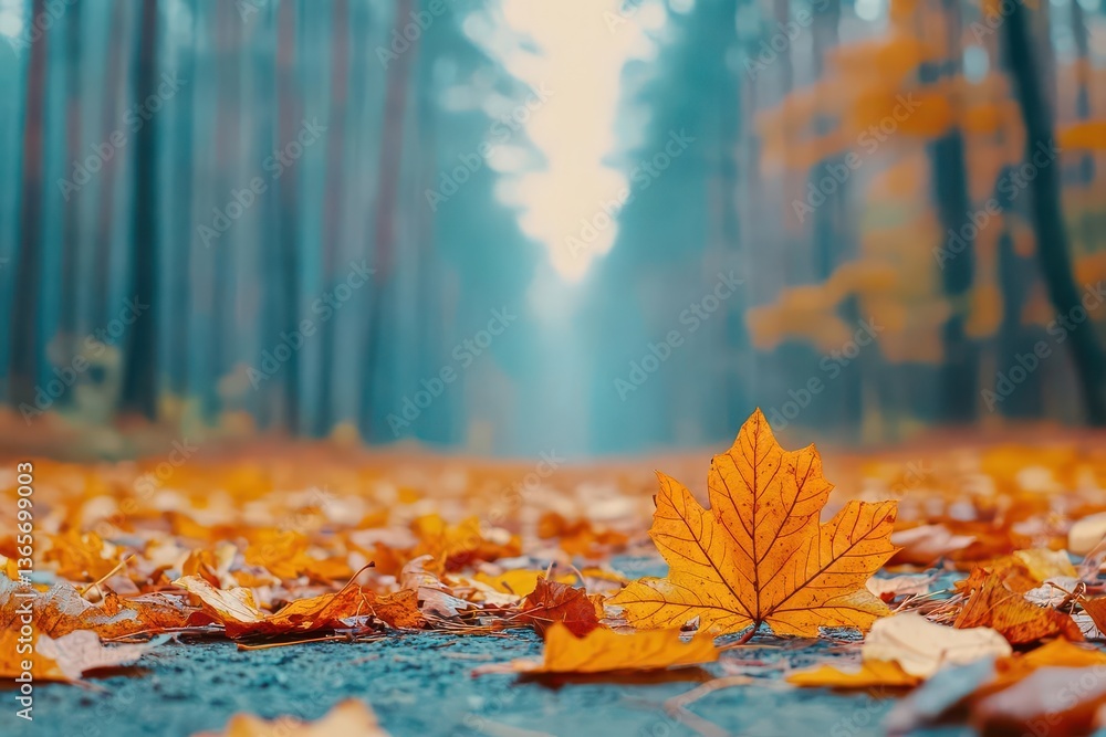 Poster A Single Leaf Resting on the Forest Floor Surrounded by Lush Greenery and Sunlight Filtering Through the Tree Canopy Creating a Calm Atmosphere