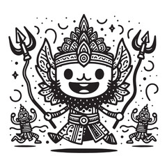 Black and white illustration of a mythological warrior god with tridents, inspired by Balinese or Hindu art.