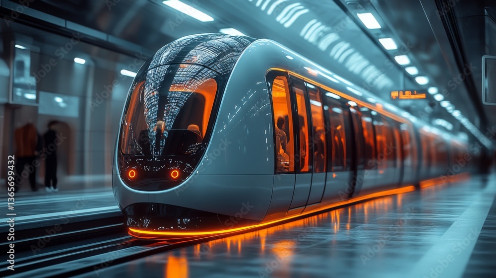Poster a sleek subway train approaches the platform, illuminated by warm orange lights, as commuters prepar