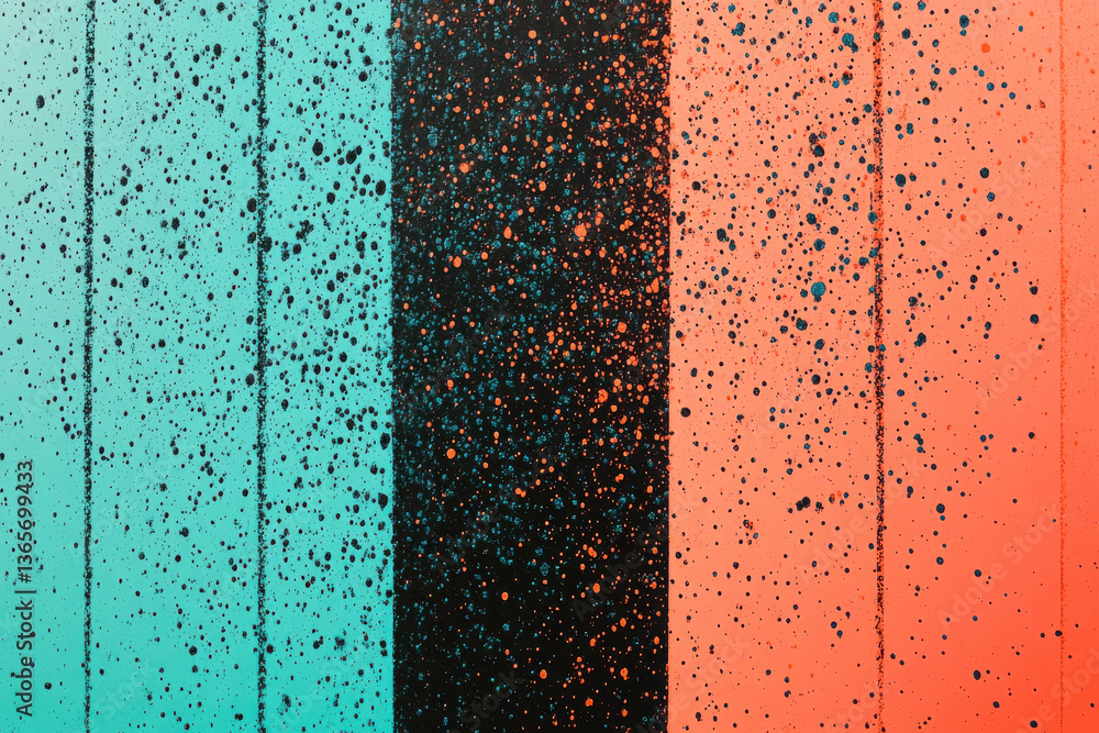 Poster abstract background with teal black and coral colors featuring random speckles and vertical lines