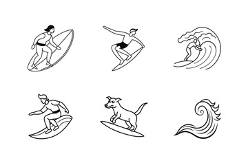 Surfing Icons Wave Riders, Dog Surfer, Ocean Fun Illustrations