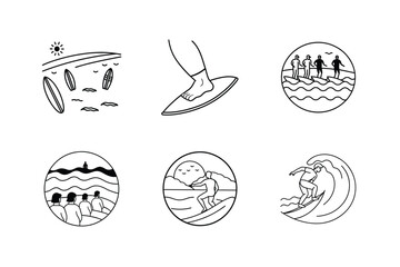 Surfing Icons Line Art Designs, Beach, Ocean, Waves, Summer