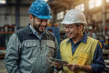 Portrait of happy Asian engineers meeting in factory