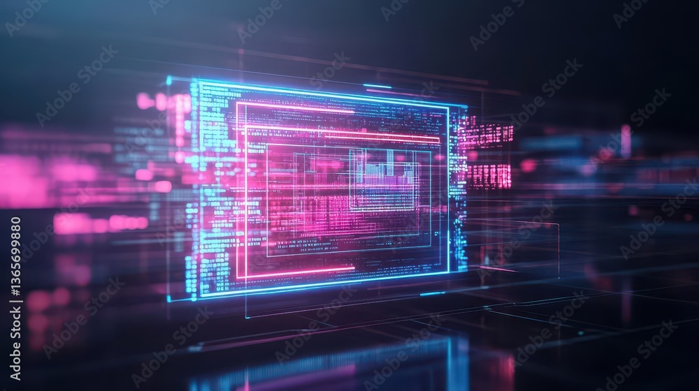 Poster vibrant computer screen illuminated by a mesmerizing pink and blue background creating a futuristic 