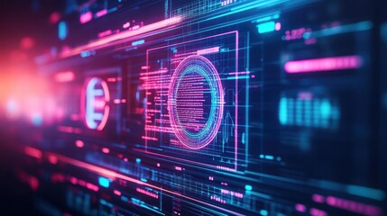 Fototapeta premium Modern Computer Screen Displaying a Bright Circular Graphic with a Minimalist Aesthetic and Clean Design Elements in a Contemporary Workspace Setting