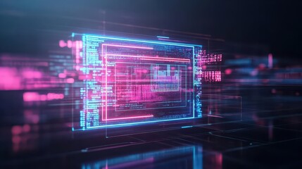 Obraz premium Vibrant Computer Screen Illuminated by a Mesmerizing Pink and Blue Background Creating a Futuristic and Technological Atmosphere in Modern Workspace