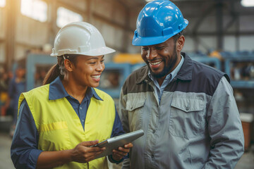 African American woman engineer and a Afro man manager are smiling at each other while holding a tablet. The woman is wearing a yellow vest and the man is wearing a blue jacket