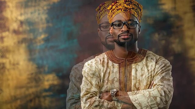 Proud African American man in a traditional agbada, standing with arms crossed i Black History Month. digital