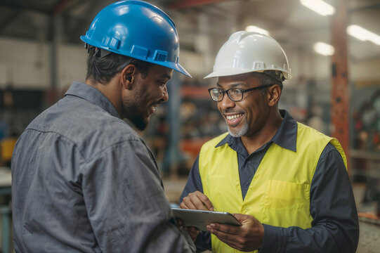 Two African American industrial engineers men wearing hard hats and safety vests are smiling and talking to each other. One of them is holding a tablet