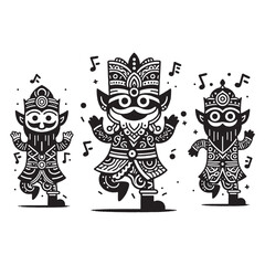 Three whimsical, black-and-white cartoon characters with exaggerated features and traditional attire dance joyfully. The central figure, slightly taller, wears a detailed ornate crown, while the other