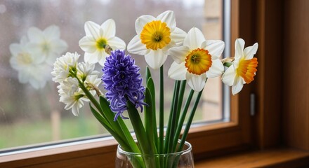 Fototapeta premium Vase with daffodils and hyacinths on a windowsill, colorful floral arrangement, natural light, spring vibes