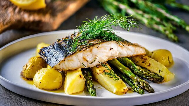 Golden seared zander fillet resting on roasted potatoes, crisp asparagus, with fresh dill.