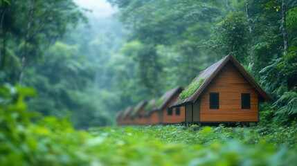 Charming Rustic Cabin Nestled Amidst Lush Green Forest Surrounded by Tall Trees and Vibrant Flora Evoking a Peaceful and Tranquil Wilderness Escape