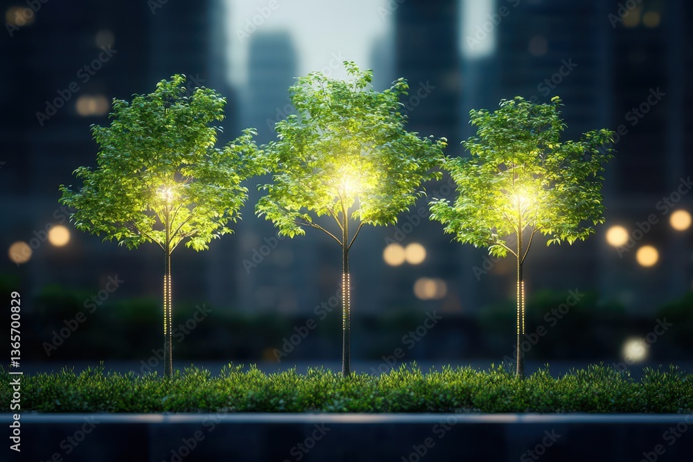 Poster enchanting scene of three illuminated trees surrounded by soft glowing lights in a serene night sett