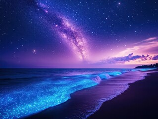 Tranquil Beach Scene under a Starry Milky Way Sky with Gentle Waves Lapping at the Shore Creating a Dreamy Nighttime Atmosphere and Serenity