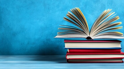Fototapeta premium Open Book on Top of Colorful Stack of Books Against Vibrant Blue Background